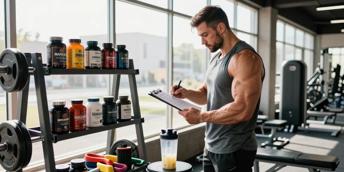 Steroide im Steroidshop: Bodybuilder im Fitnessstudio, konzentriert auf Training mit Steroidetiketten im Hintergrund