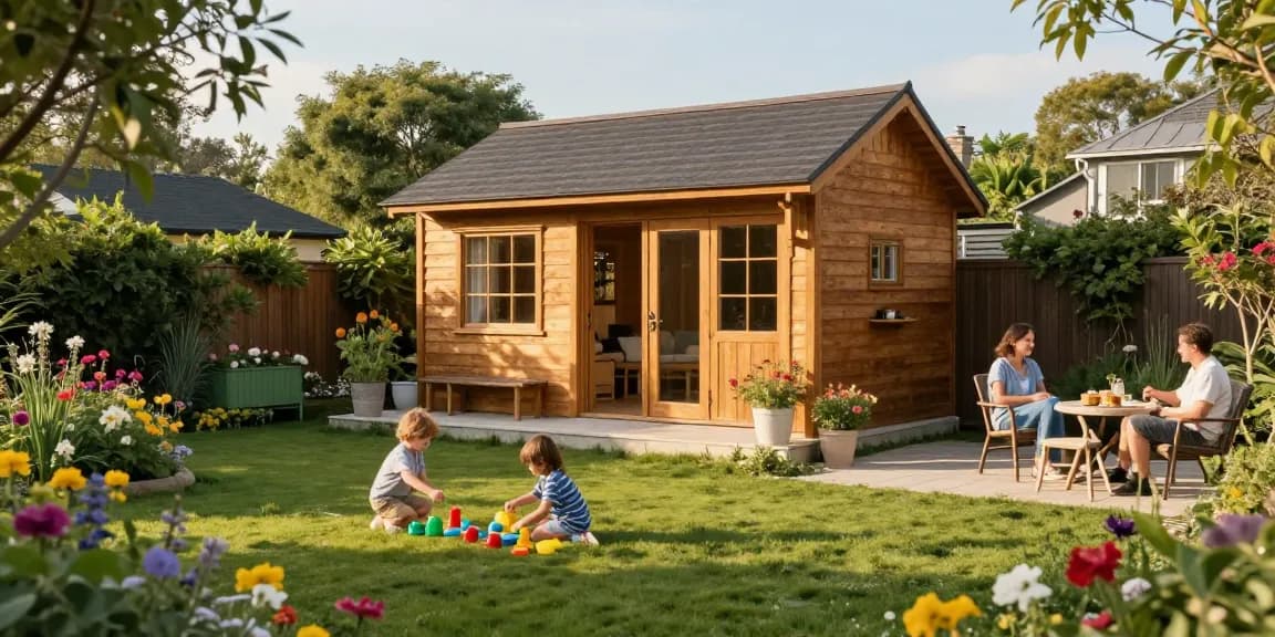Wunderschönes Gartenhaus, umgeben von blühenden Pflanzen und einer Familie, die den Sonnenschein genießt.