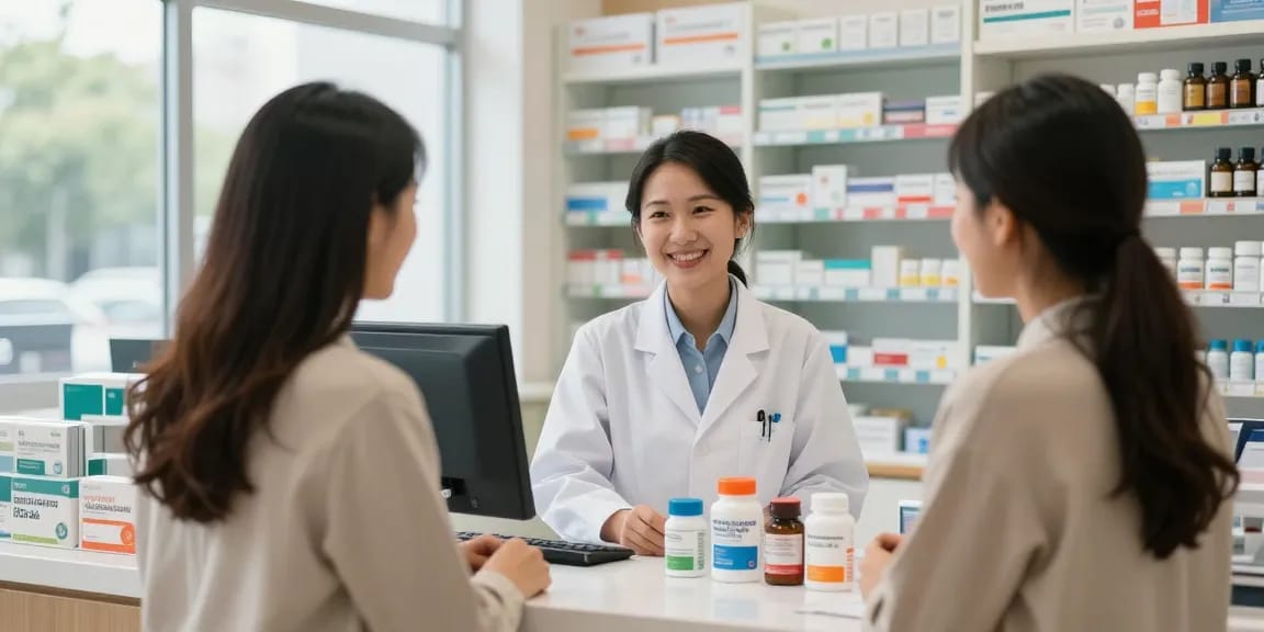 Vertrauensvolle Beratung im Selliza Pharma Shop mit Apotheker und Kunden.