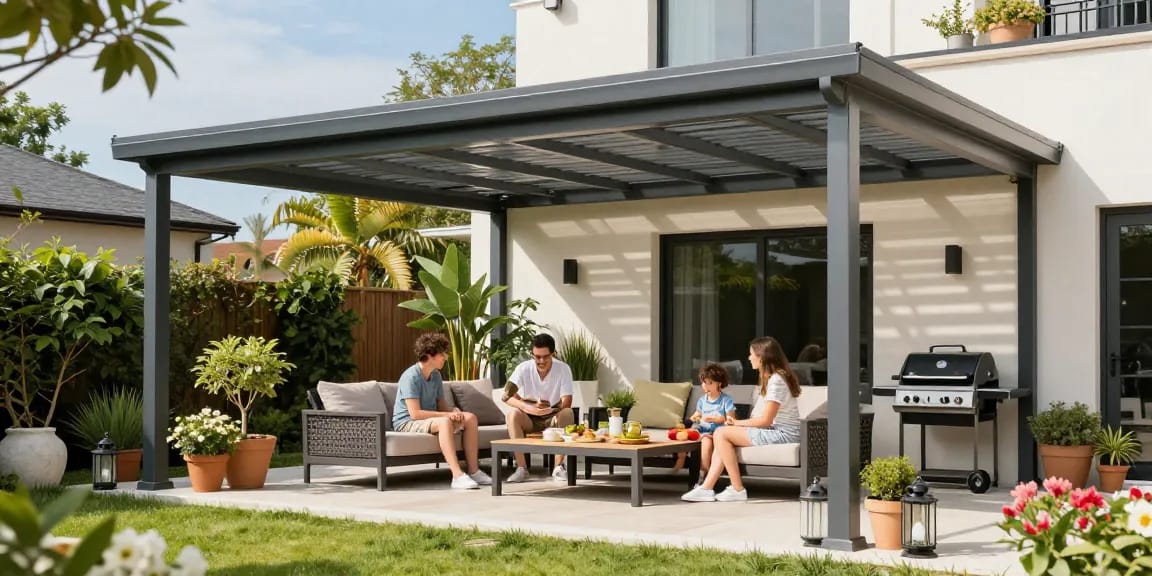 Familie unter einer stilvollen Terrassenüberdachung genießt einen sonnigen Nachmittag im Garten.