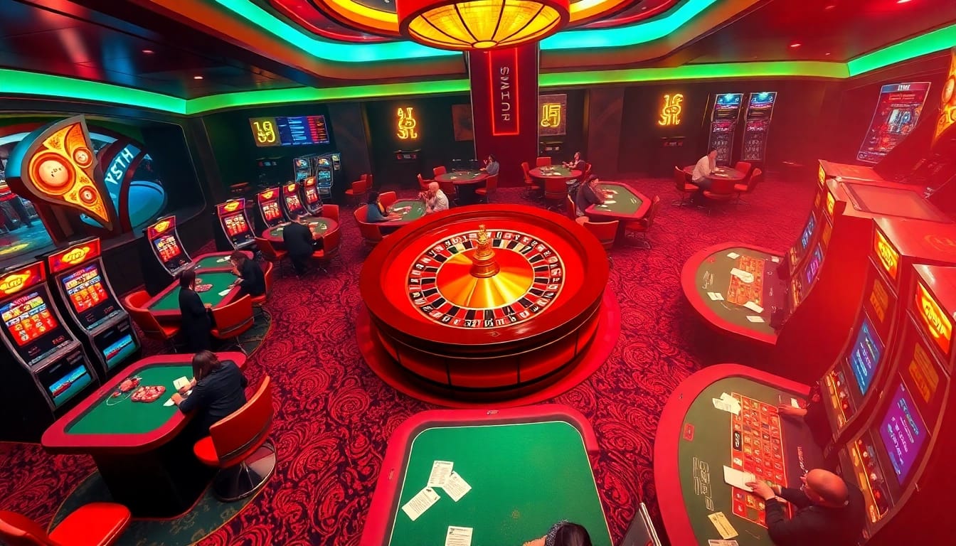 A high-stakes casino scene with a roulette wheel, poker tables, and slot machines showcasing 7m gambling excitement.