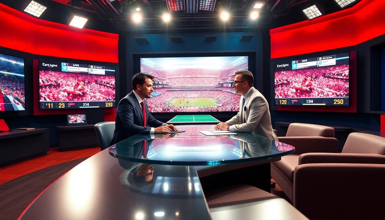 Engaging scene of sports broadcasting in a vibrant studio with enthusiastic commentators.