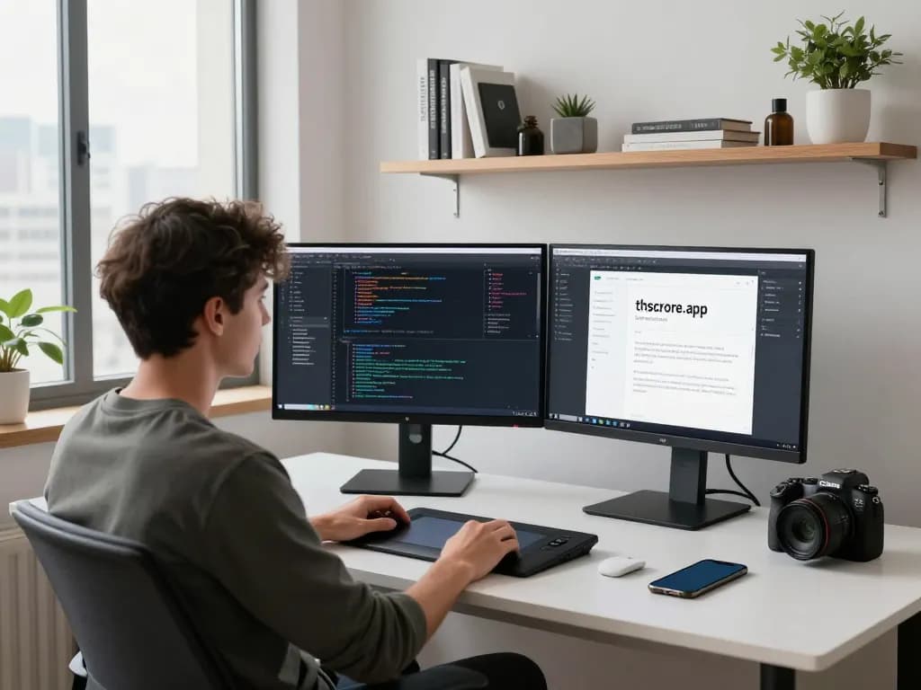 Developer coding thscrore.app in a modern office with dual monitors and tech gadgets.
