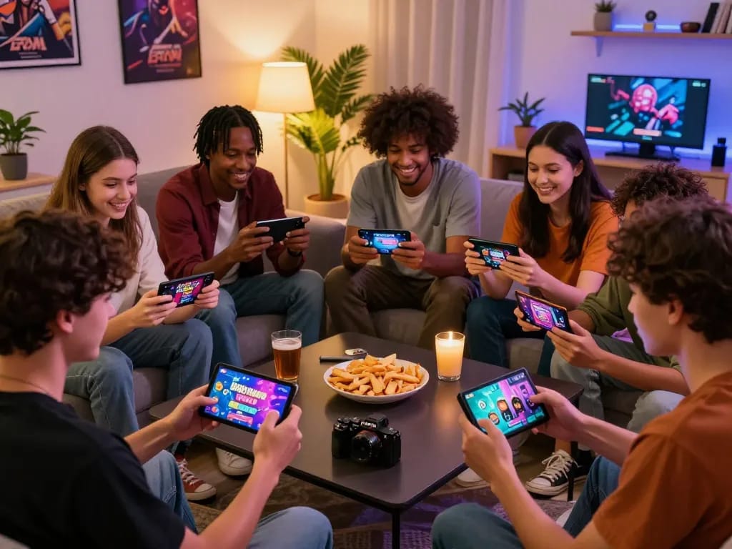 Friends enjoying free mobile porn games together in a cozy living room setting.