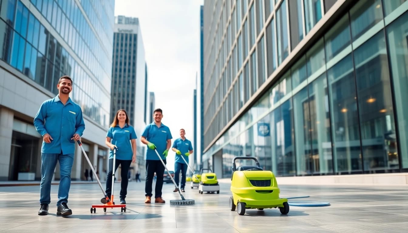 Professionelle Gebäudereinigung Ulm von einem Team in einem modernen Stadtgebäude.