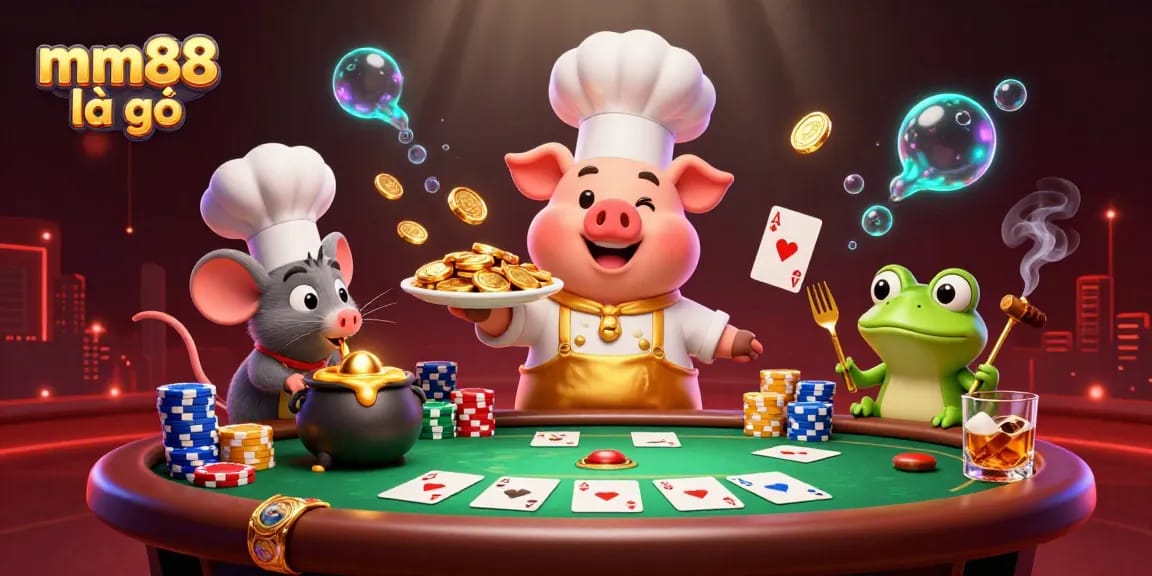 Experience the vibrant energy of mm88 là gì with chefs and game elements in this dynamic 3D casino scene.