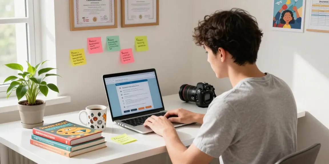 Quiz Allgemeinwissen fun atmosphere in a bright home office with engaging trivia books and a laptop quiz interface.