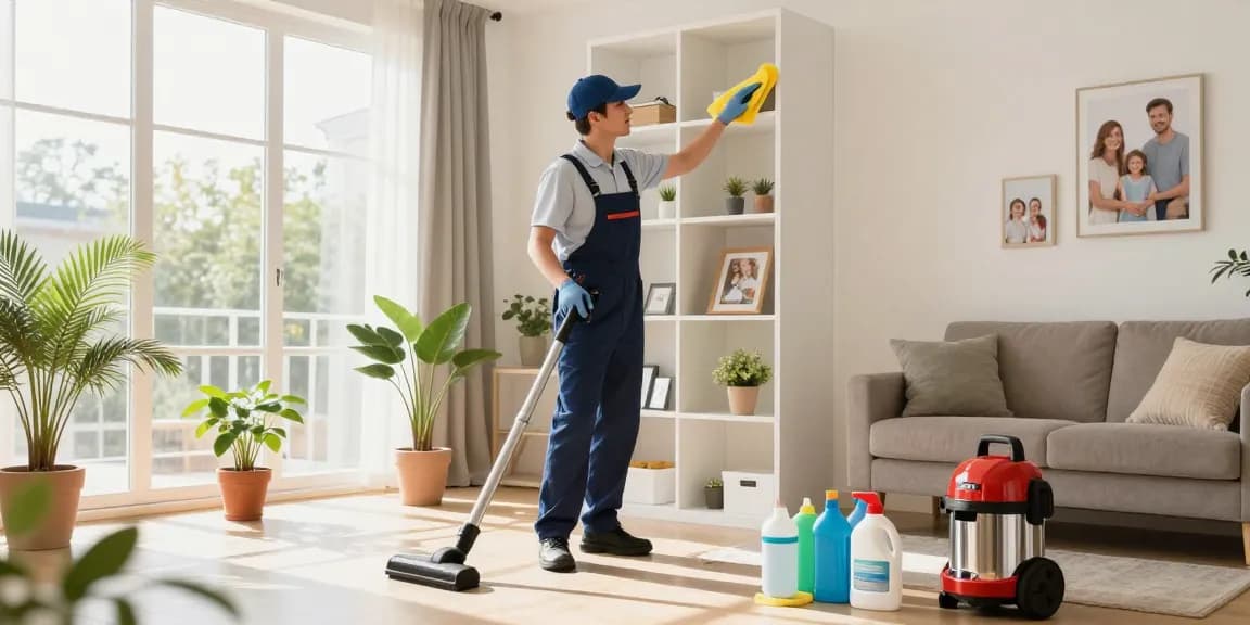 Professional cleaner dusting shelves in a bright apartment, showcasing reinigungsfirmen solothurn services effectively.