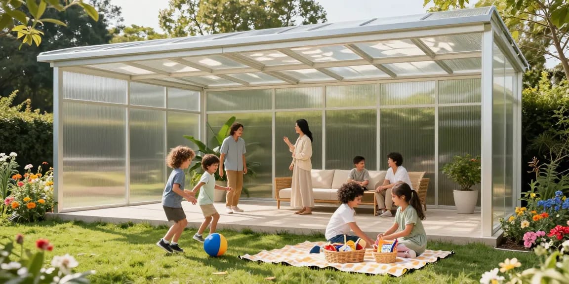 Freistehende Terrassenüberdachung mit Familie im Garten und Sonnenschein.