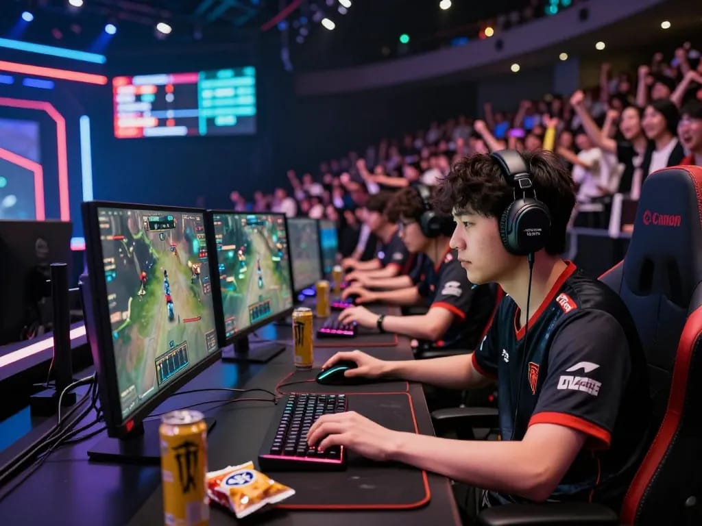 Esports gaming competition scene at 7mvna.com with focused player and vibrant atmosphere.