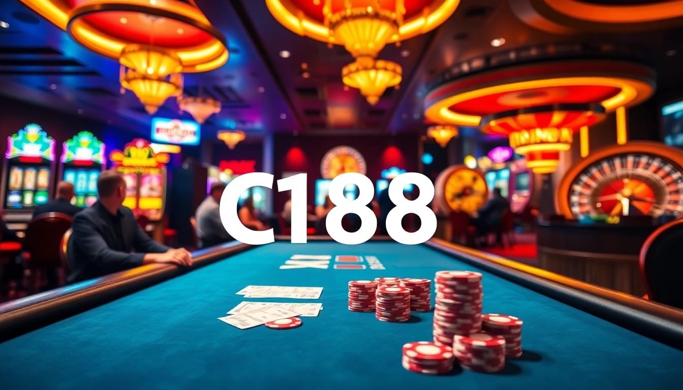 C168 casino players strategizing at a high-stakes poker table amidst vibrant slot machines.