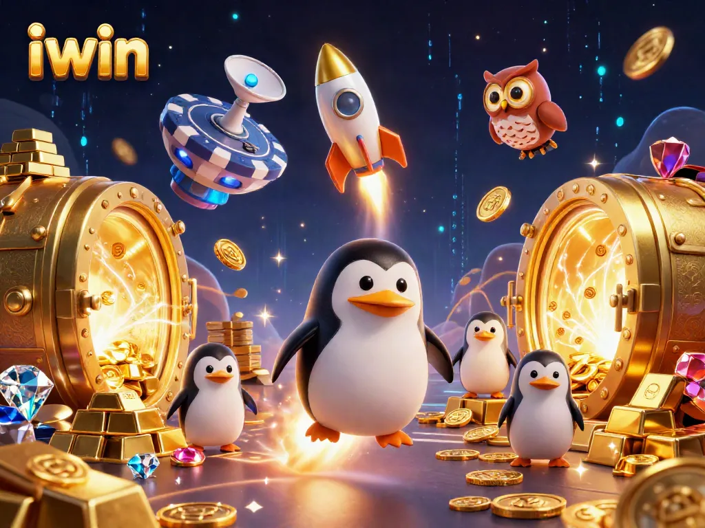 Join the iwin adventure as a rocket-powered penguin navigates exciting casino treasures!