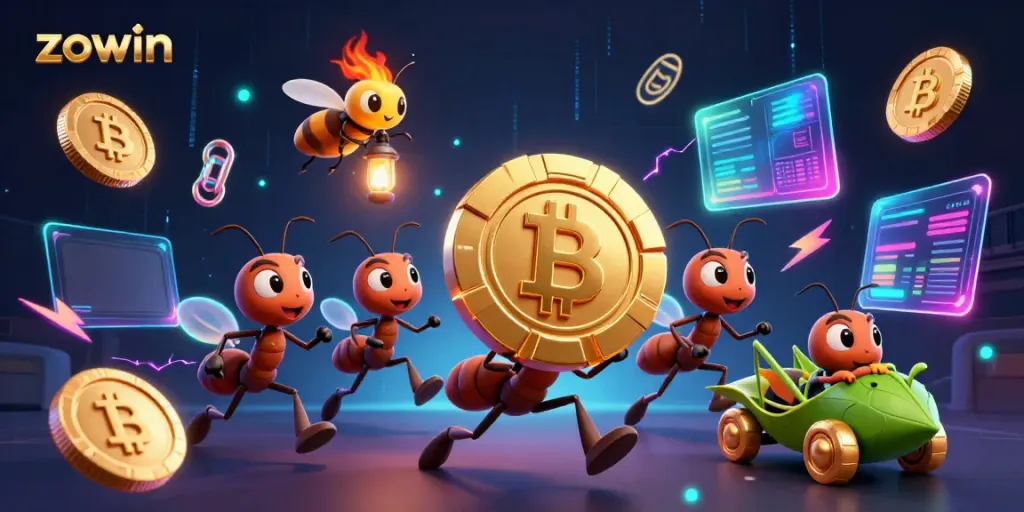 Ants heist in the zouin casino scene, transporting a massive poker chip, amidst crypto elements.