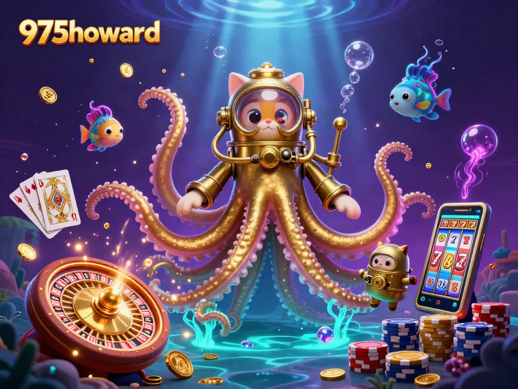 Experience thrilling gaming adventures with 975howard's immersive casino scene featuring a kraken and diving cat.
