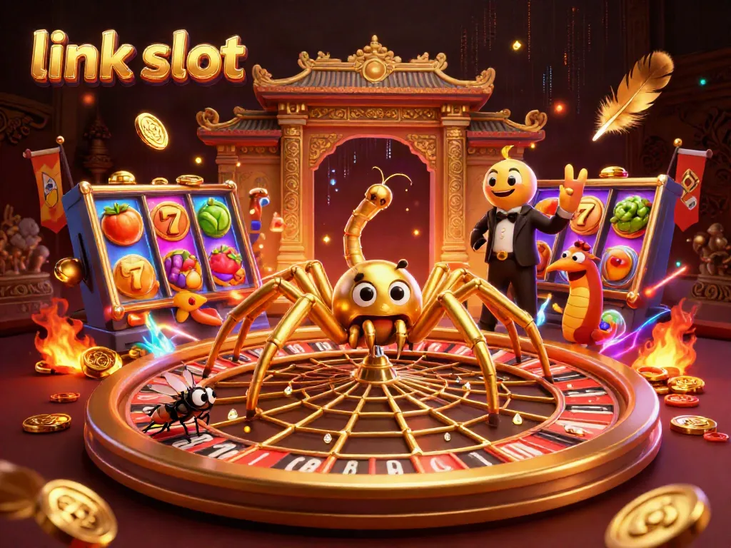 Experience the excitement of link slot with vibrant roulette wheel spins and a golden spider.