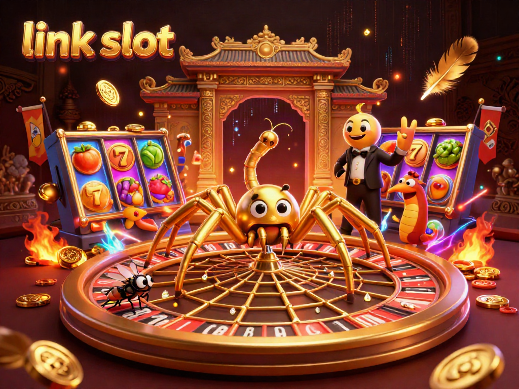Experience the excitement of link slot with vibrant roulette wheel spins and a golden spider.