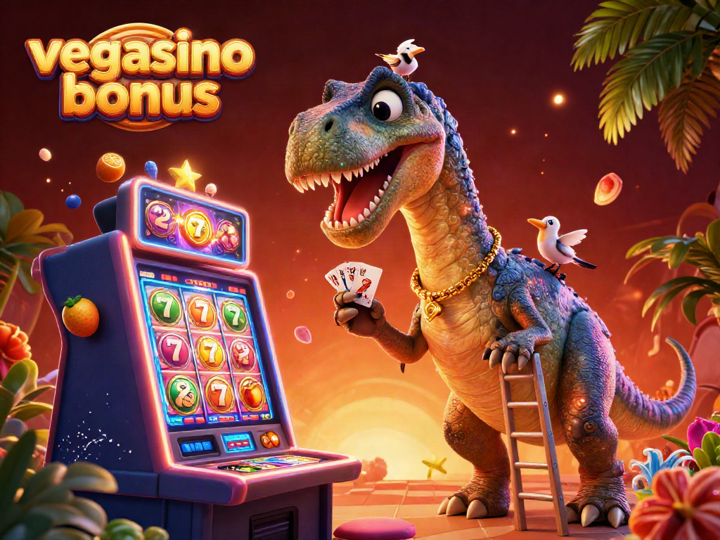 Experience the vegasino bonus with a vibrant casino scene featuring a brontosaurus and a raptor dealer.