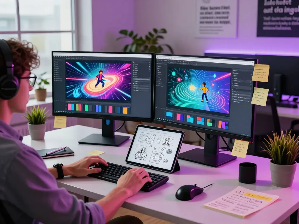 A developer using Kling AI 2.15 in a creative workspace with dual monitors showcasing motion graphics, design sketches, and modern tools.