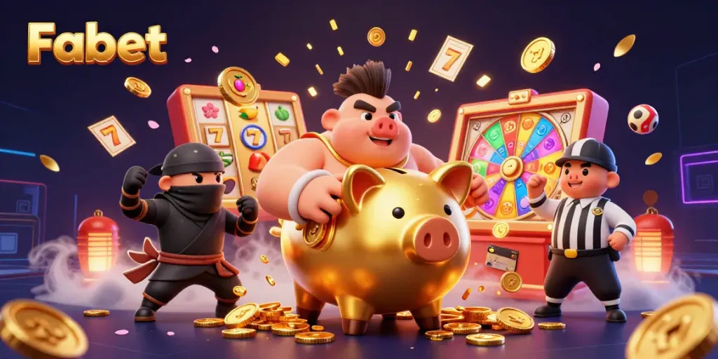 Fabet offers thrilling slot experiences showcased by dynamic 3D characters in an action-packed scene.