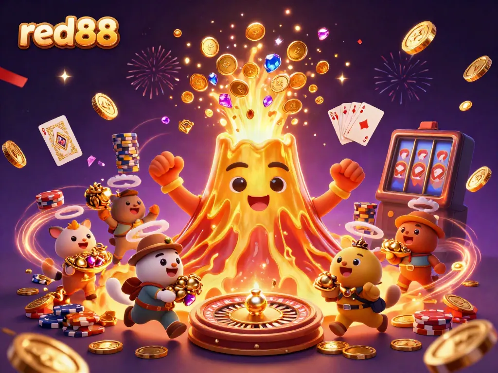 Experience thrilling adventures at red88 with vibrant treasure scenes of golden coins, gems, and dynamic casino elements.