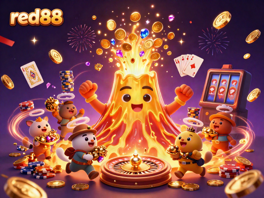 Experience thrilling adventures at red88 with vibrant treasure scenes of golden coins, gems, and dynamic casino elements.