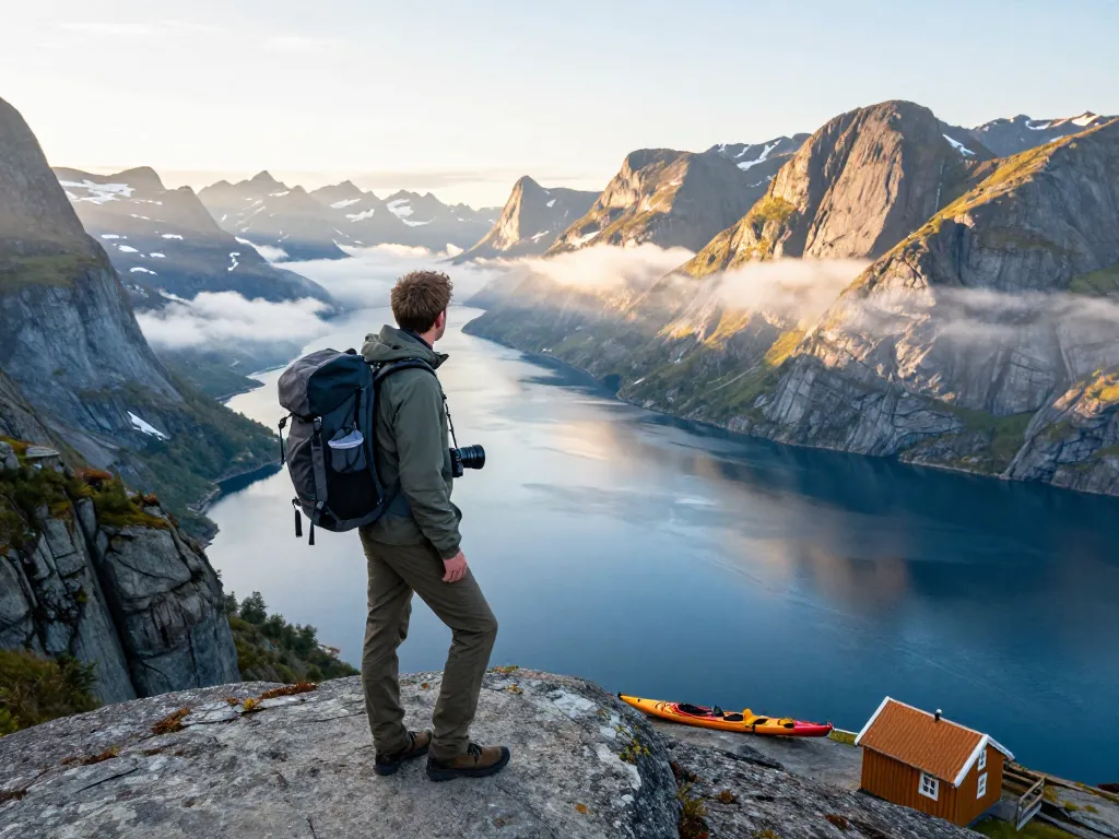 Urlaub in Skandinavien: Reisender, der die atemberaubende Landschaft der majestätischen Fjorde Norwegens aufnimmt.