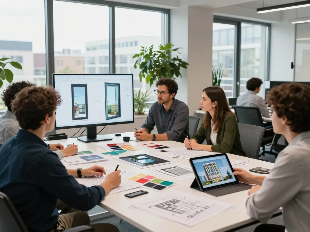 Kollaboratives Architektengespräch über fenster schüco Fensterdesigns in einem modernen Büro.