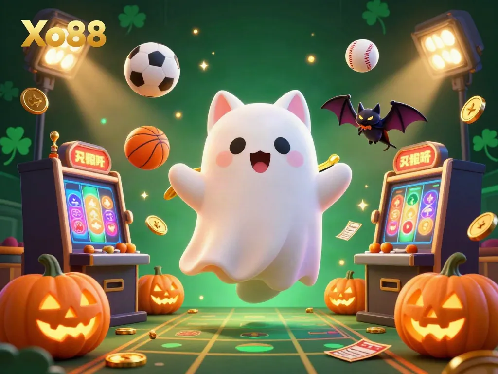 Xo88 engages players in a vibrant haunted casino with a ghost cat and vampire bat, showcasing energetic gambling action.