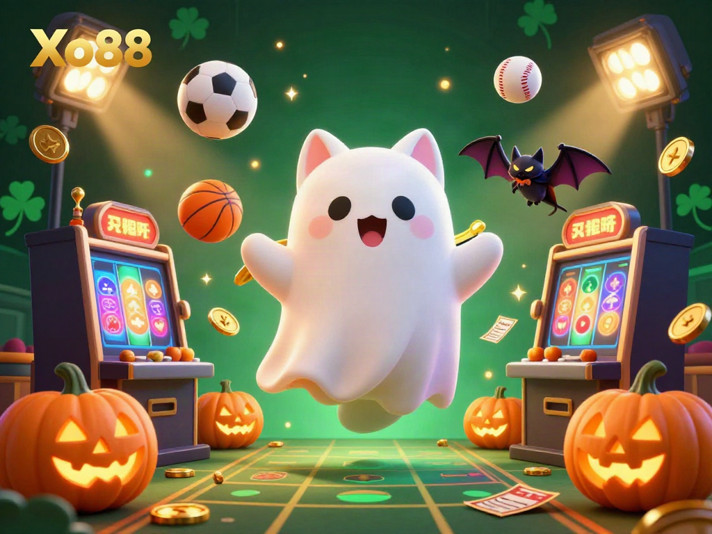 Xo88 engages players in a vibrant haunted casino with a ghost cat and vampire bat, showcasing energetic gambling action.