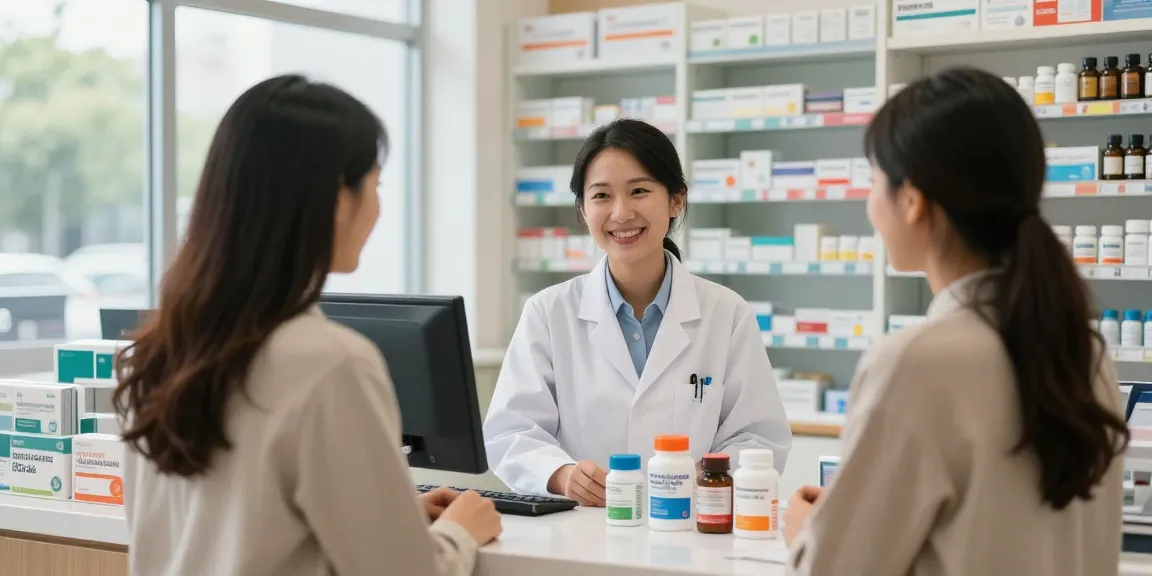 Vertrauensvolle Beratung im Selliza Pharma Shop mit Apotheker und Kunden.
