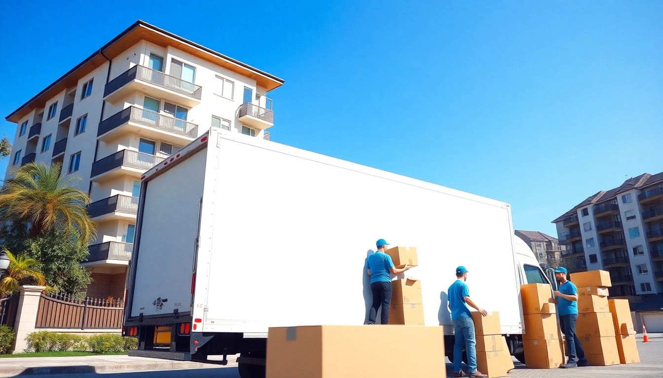 Umzugsunternehmen Speyer - professional movers loading boxes into a truck in a bright urban environment.
