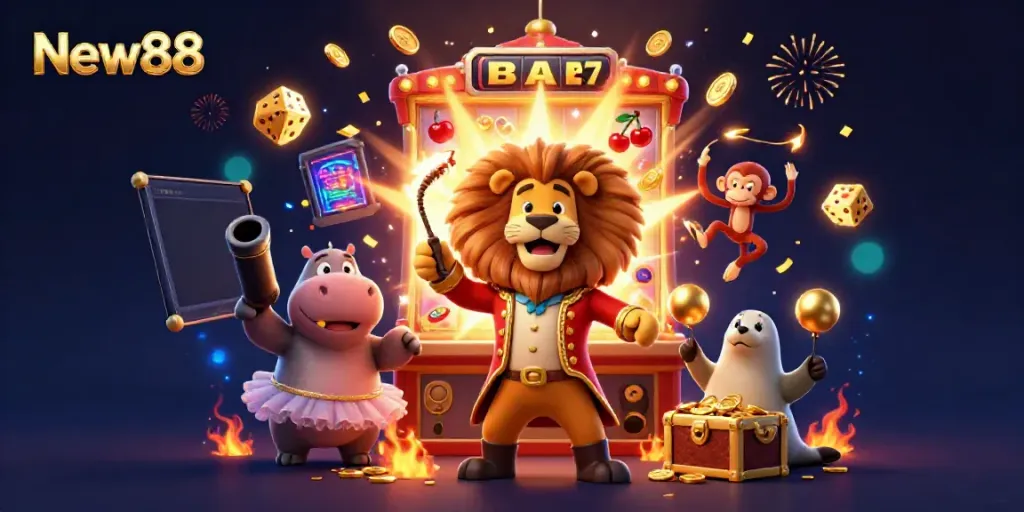 Experience excitement at New88 with vibrant 3D characters and lively casino elements exploding with jackpots.