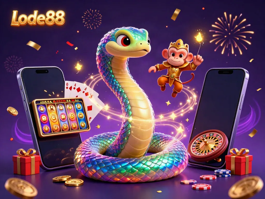 Experience Lode88 with a vibrant scene featuring a rainbow serpent and a playful monkey king in action.
