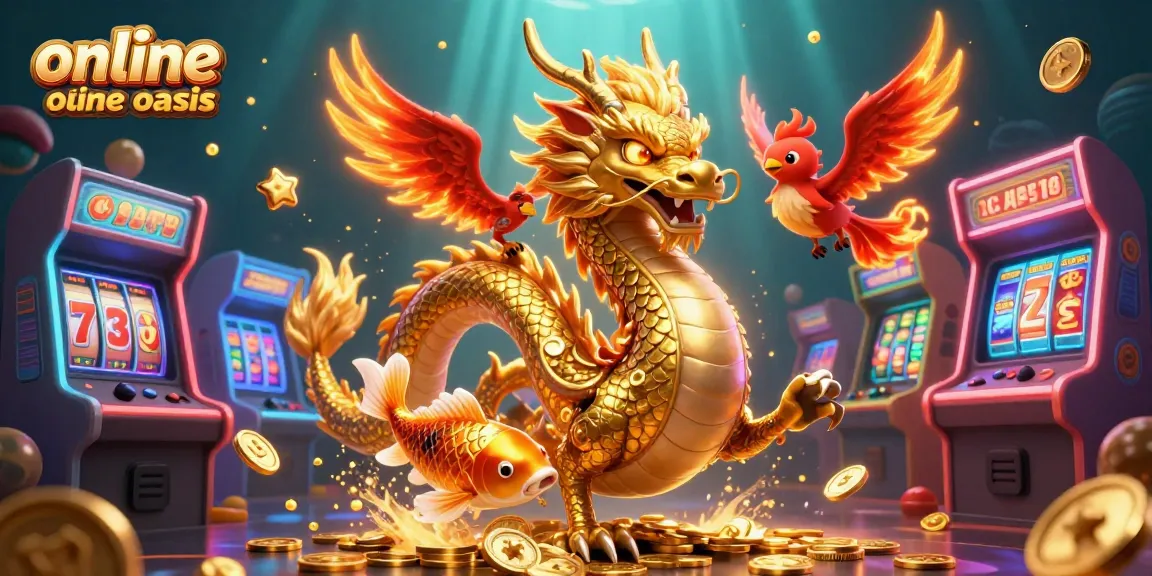 Experience the thrill of online casino ohne oasis with a dynamic 3D illustration featuring a golden dragon, phoenix, and koi fish.