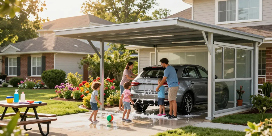 Familie wäscht ihr Auto unter einem modernen Carport in einer lebhaften Nachbarschaft.