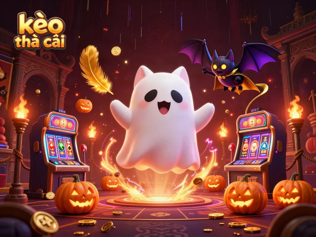 Experience thrilling kèo nhà cái action with a ghost cat and vampire bat in a spooky casino setting.