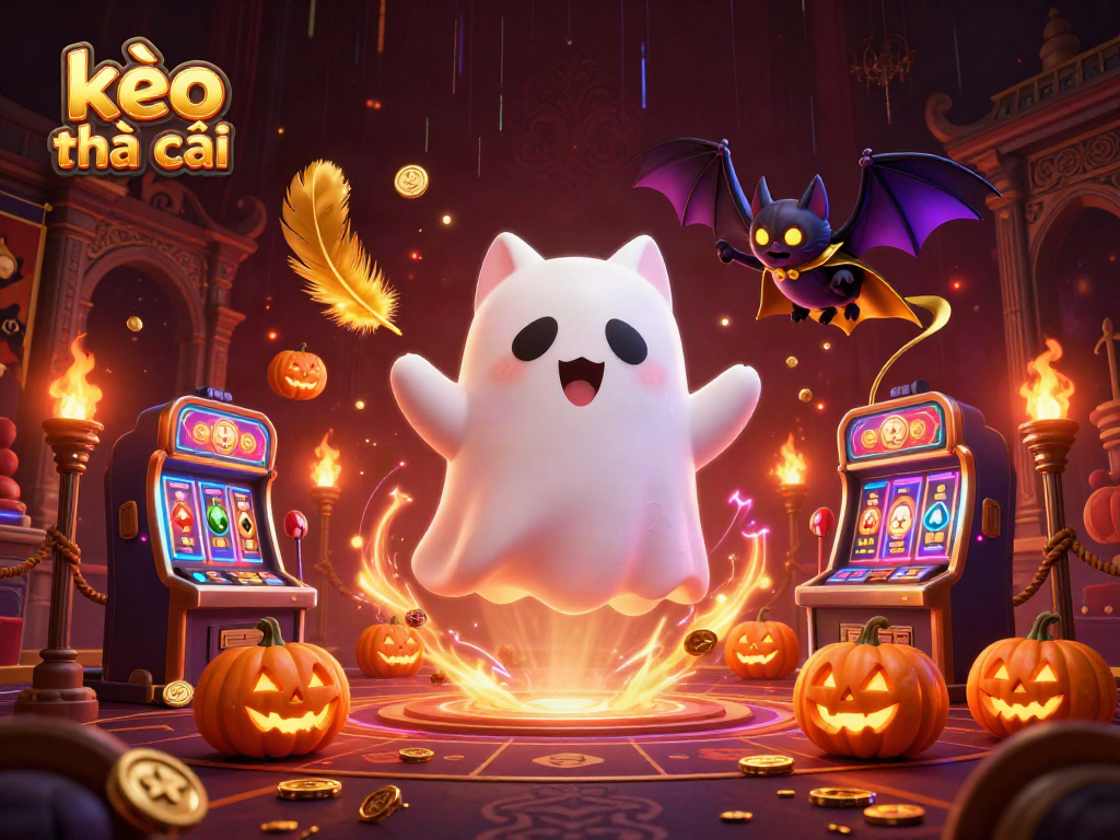 Experience thrilling kèo nhà cái action with a ghost cat and vampire bat in a spooky casino setting.