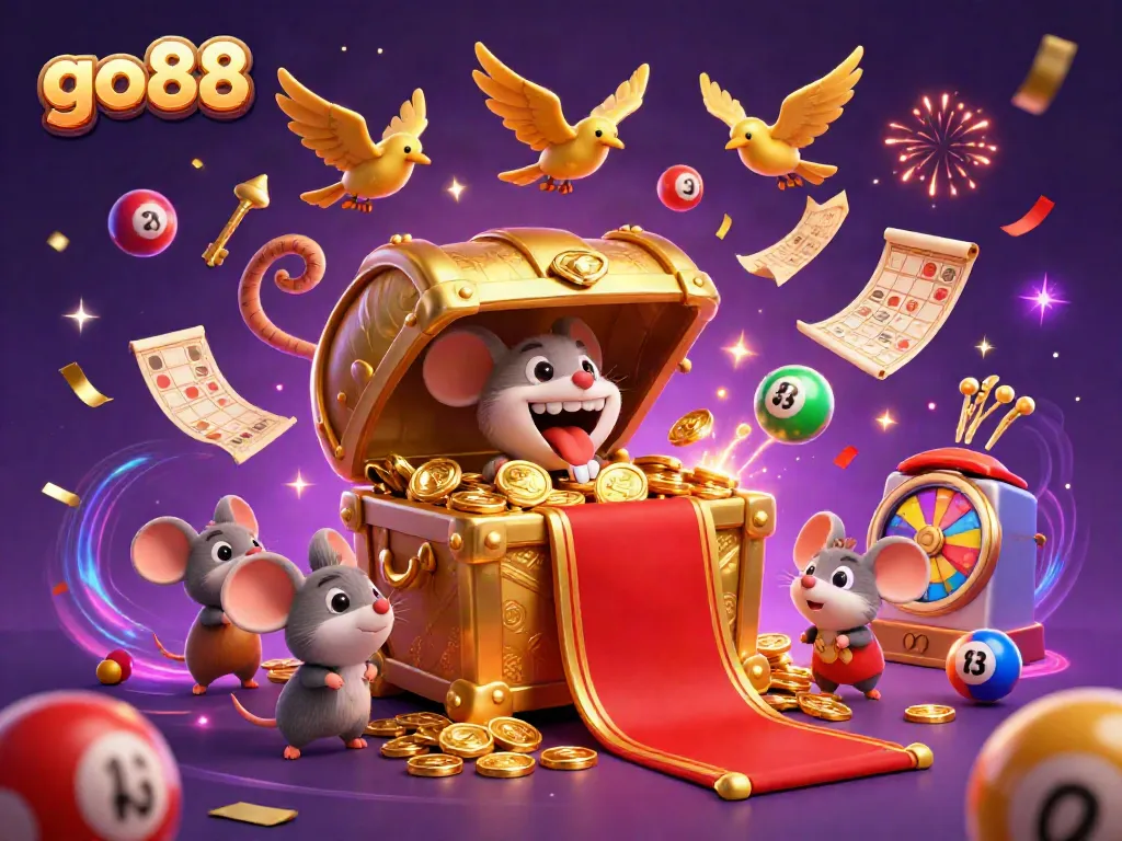 Engage with go88's exciting games, featuring a dynamic 3D treasure chest and vibrant lottery elements