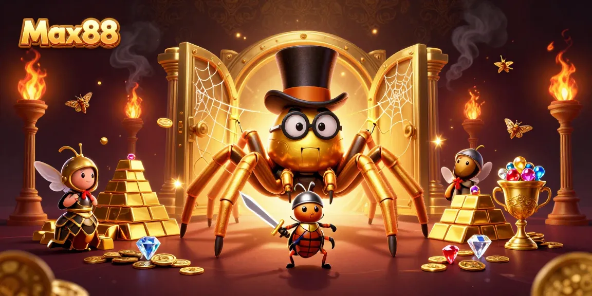 Experience the excitement of Max88 with a vibrant casino-themed 3D scene featuring treasures and characters.