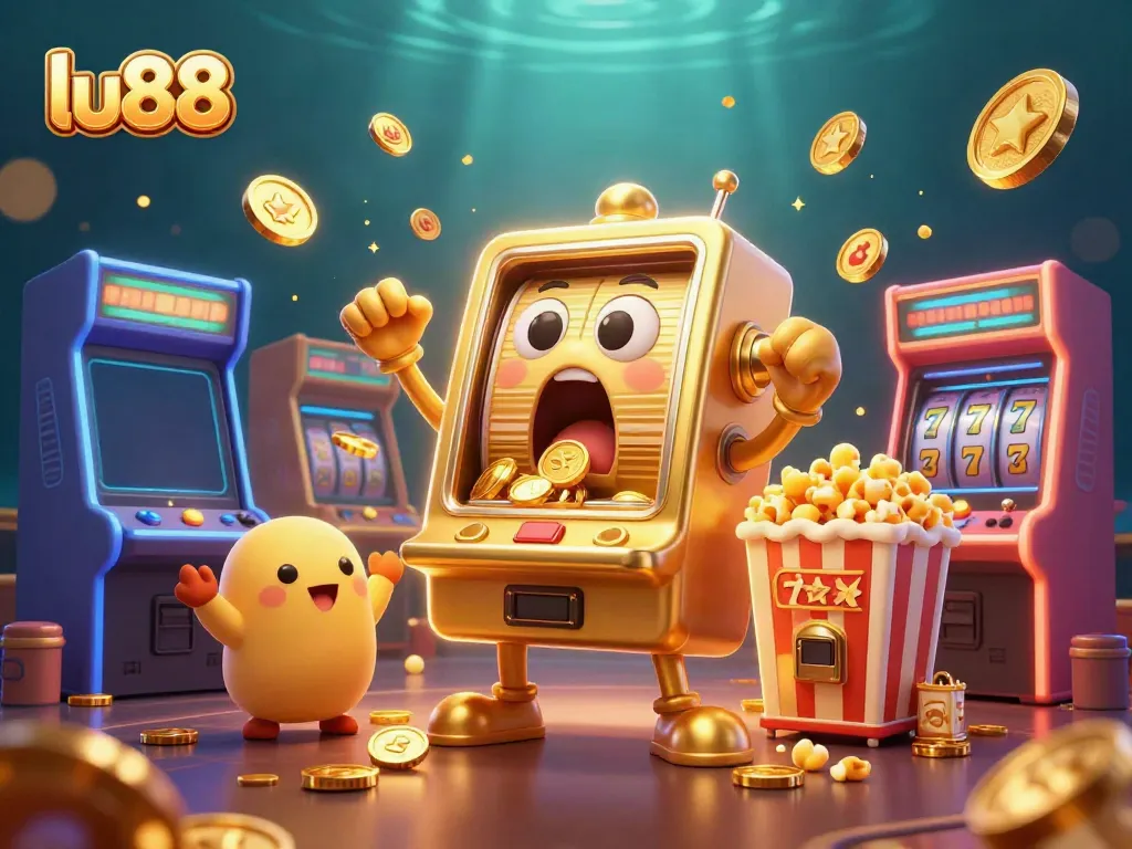 Experience the excitement of lu88 with a lively scene featuring animated slot machines celebrating a jackpot in a vibrant casino.