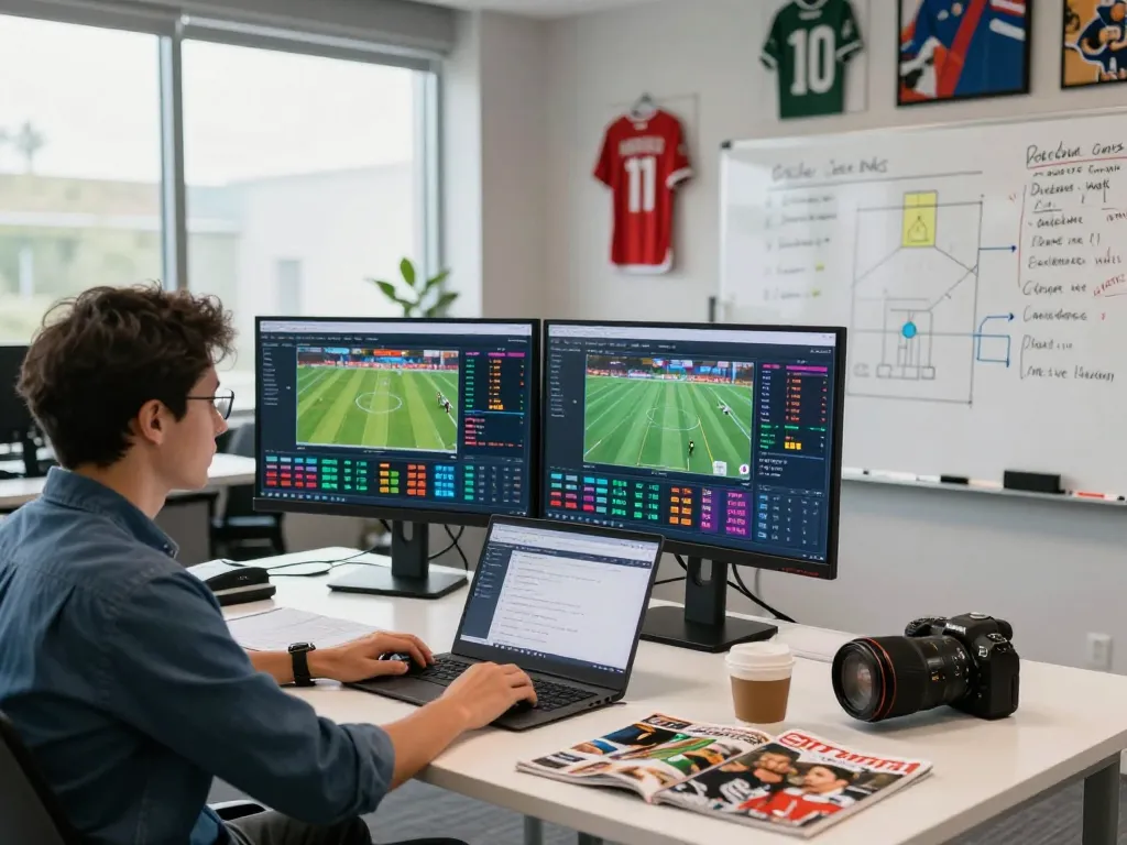 Sports analytics with live data on thscrore.com in a bright office setting.