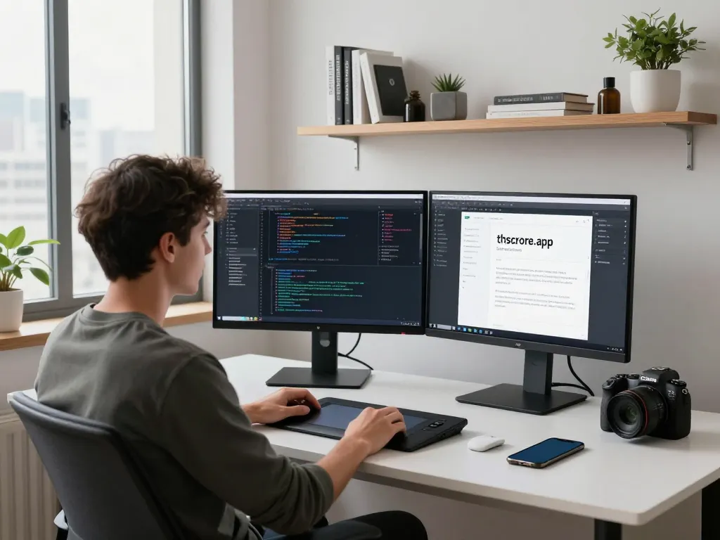 Developer coding thscrore.app in a modern office with dual monitors and tech gadgets.