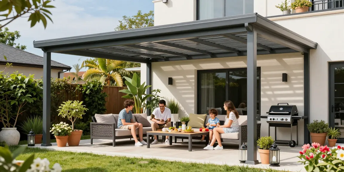 Familie unter einer stilvollen Terrassenüberdachung genießt einen sonnigen Nachmittag im Garten.