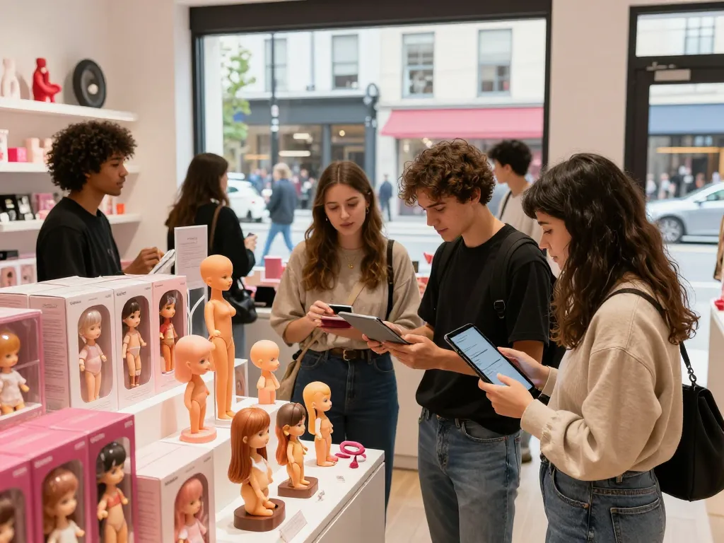 Sofort lieferbare Sexpuppen in einem modernen E-Commerce-Einzelhandelsumfeld ausgestellt, das eine lebendige Einkaufsatmosphäre zeigt.