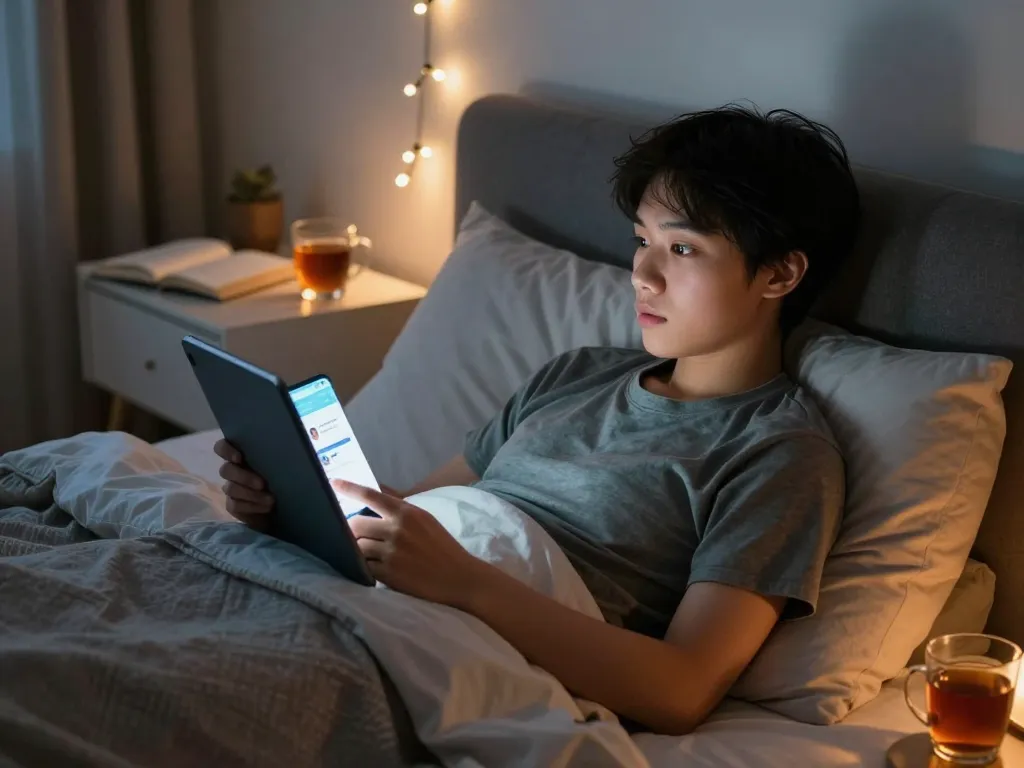 Engaging in sex AI chat on a tablet in a cozy bedroom, illuminating connection.