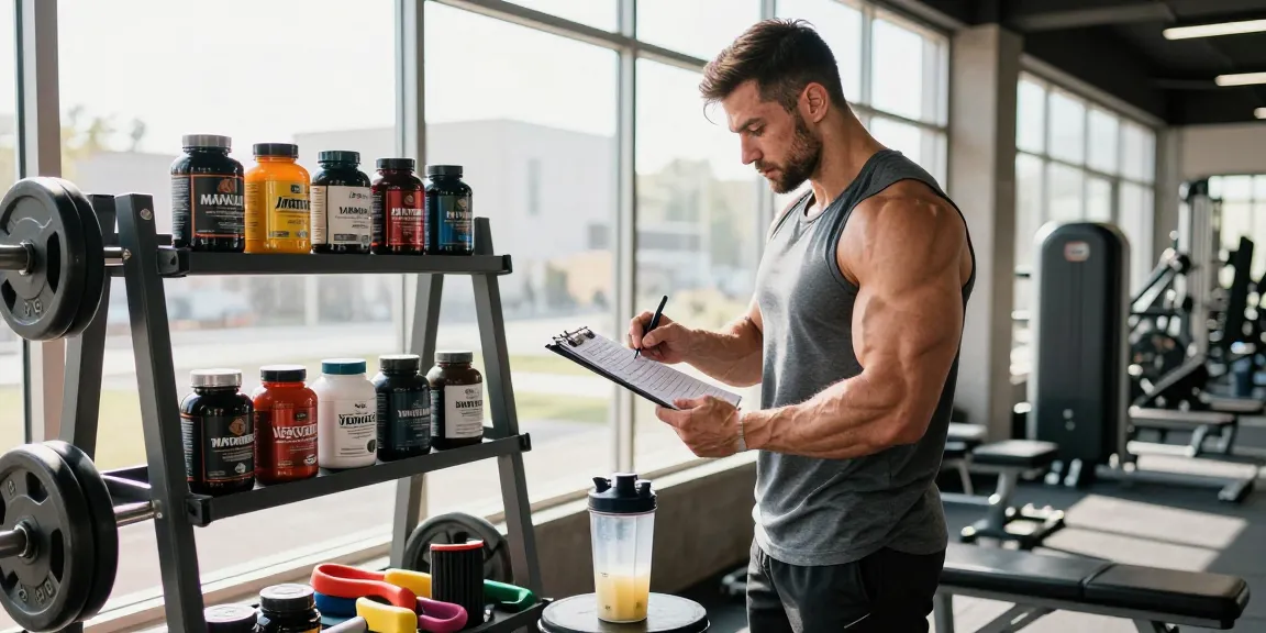 Steroide im Steroidshop: Bodybuilder im Fitnessstudio, konzentriert auf Training mit Steroidetiketten im Hintergrund