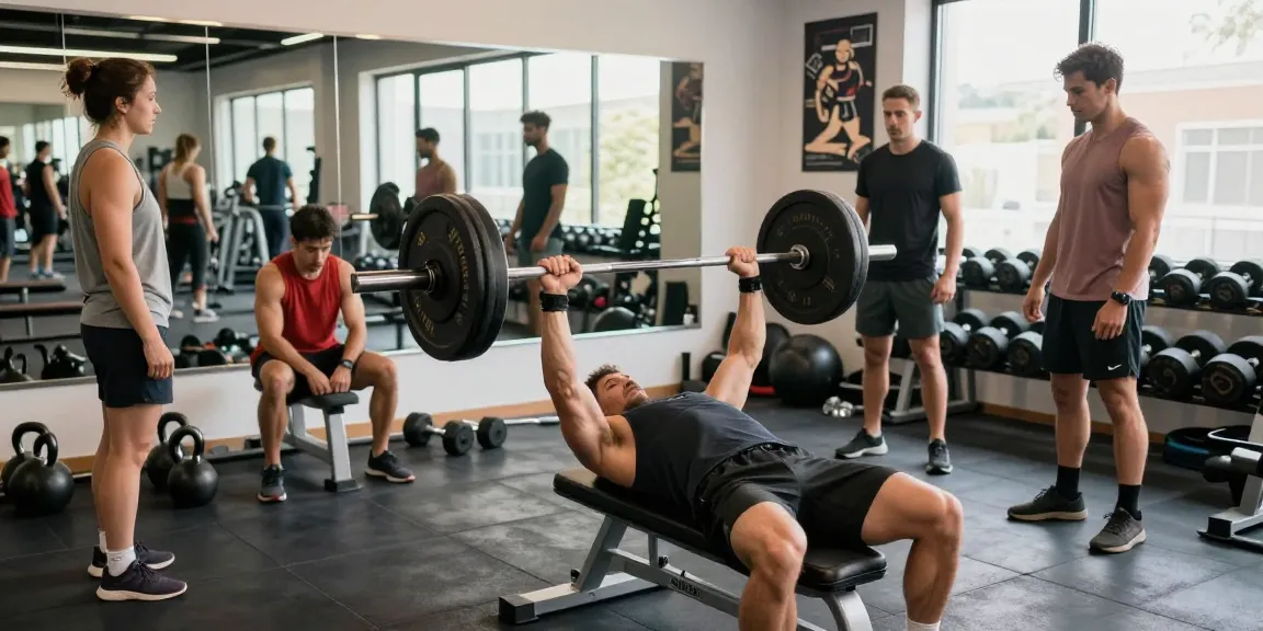 Anabolikashop: Dynamische Fitnessszene im modernen Gym mit Bodybuilder beim Bankdrücken, umgeben von motivierten Gym-Besuchern.