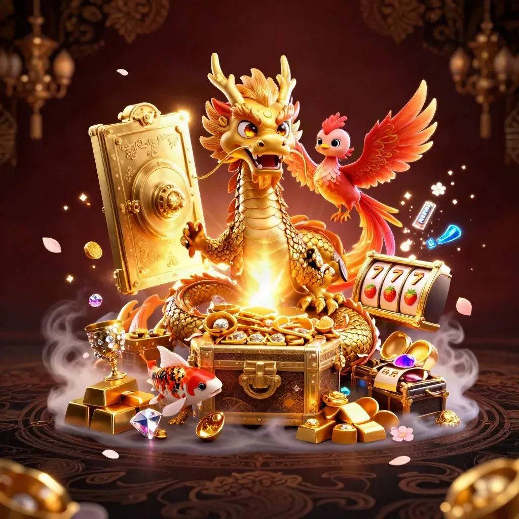 Goldener Drachenwächter mit Phoenix und Kois vor Schatzflut, dunkler Luxus-Hintergrund.