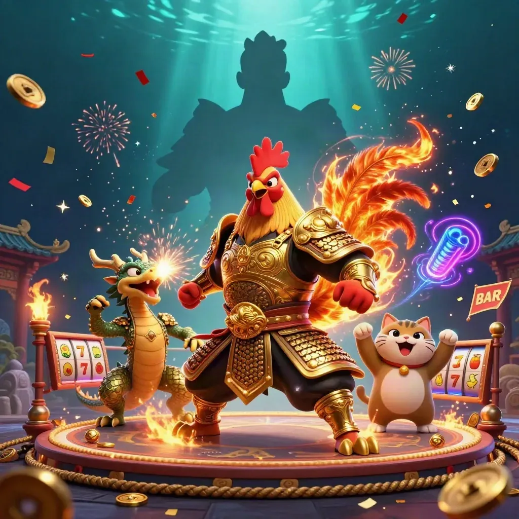 Rooster-Krieger, Drachenjunges und Glückskatze im goldenen Casino-Action-Motiv mit Jackpot-Glanz