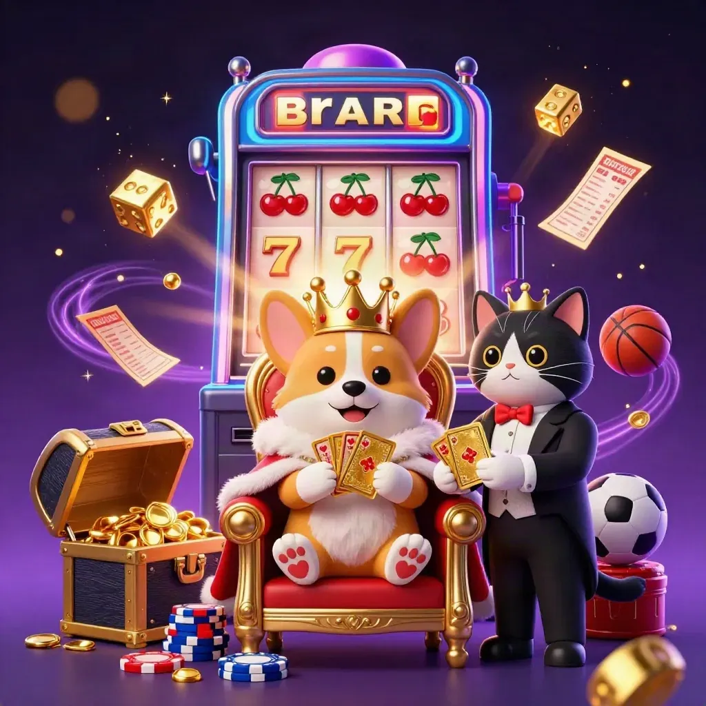 Königlicher Corgi und Katzen-Butler vor explodierendem Jackpot-Automaten, goldene Sport- und Casino-Props